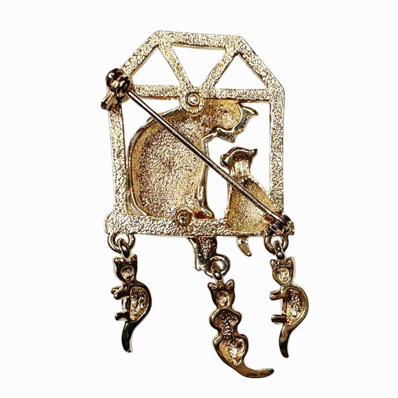 Vintage Gold Plated Cat Brooch with Kitten Charms and Crystals - Picture 3 of 4